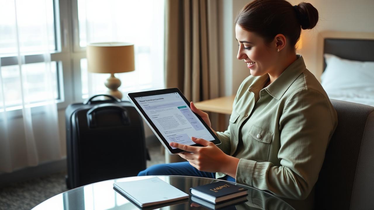 Voyageuse consultant son contrat d'assurance voyage sur une tablette dans sa chambre d'hôtel