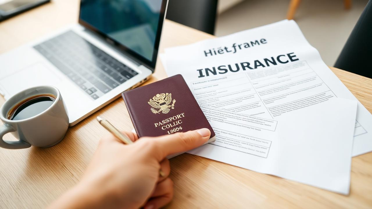 Contrat d'assurance voyage, passeport et ordinateur portable sur un bureau clair