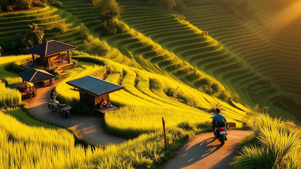 Rizières en terrasses de Bali au coucher du soleil avec un chemin et un scooter