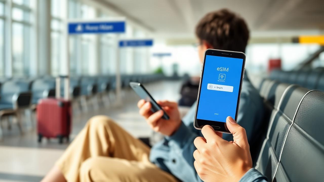 Voyageur activant une eSIM sur son smartphone dans une salle d'embarquement