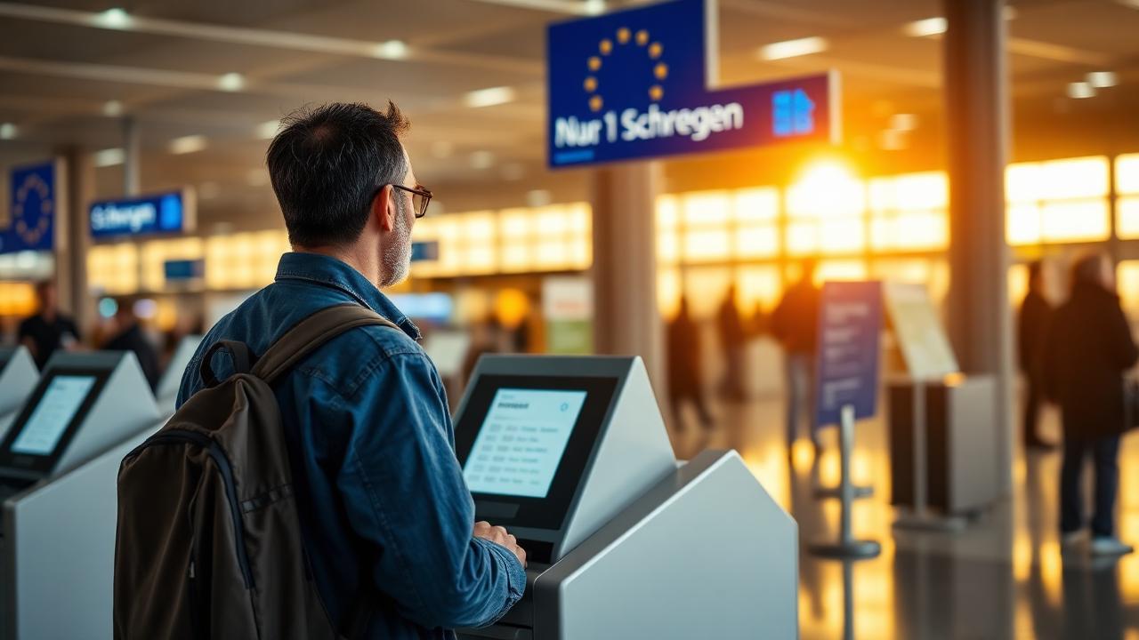 Voyageur devant une borne automatique dans un terminal d'aéroport européen aux couleurs de l'Union européenne