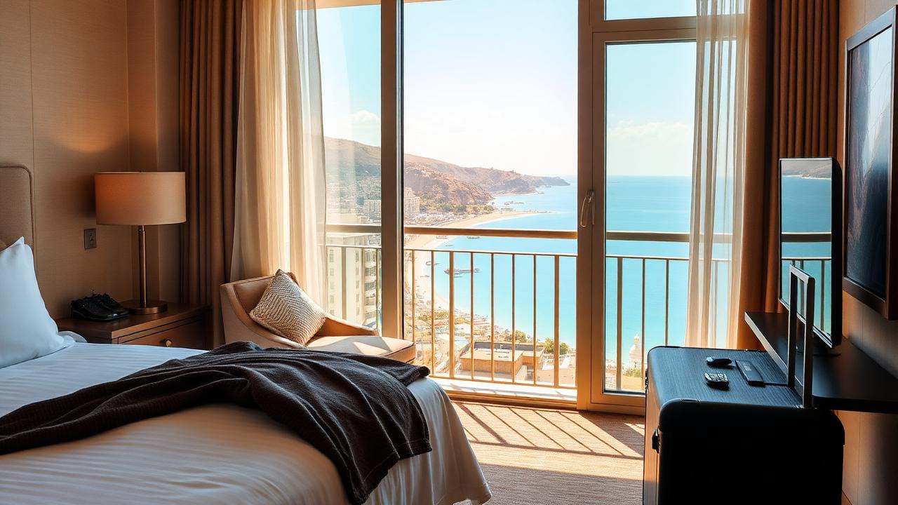 Chambre d'hôtel lumineuse avec balcon donnant sur une baie ensoleillée