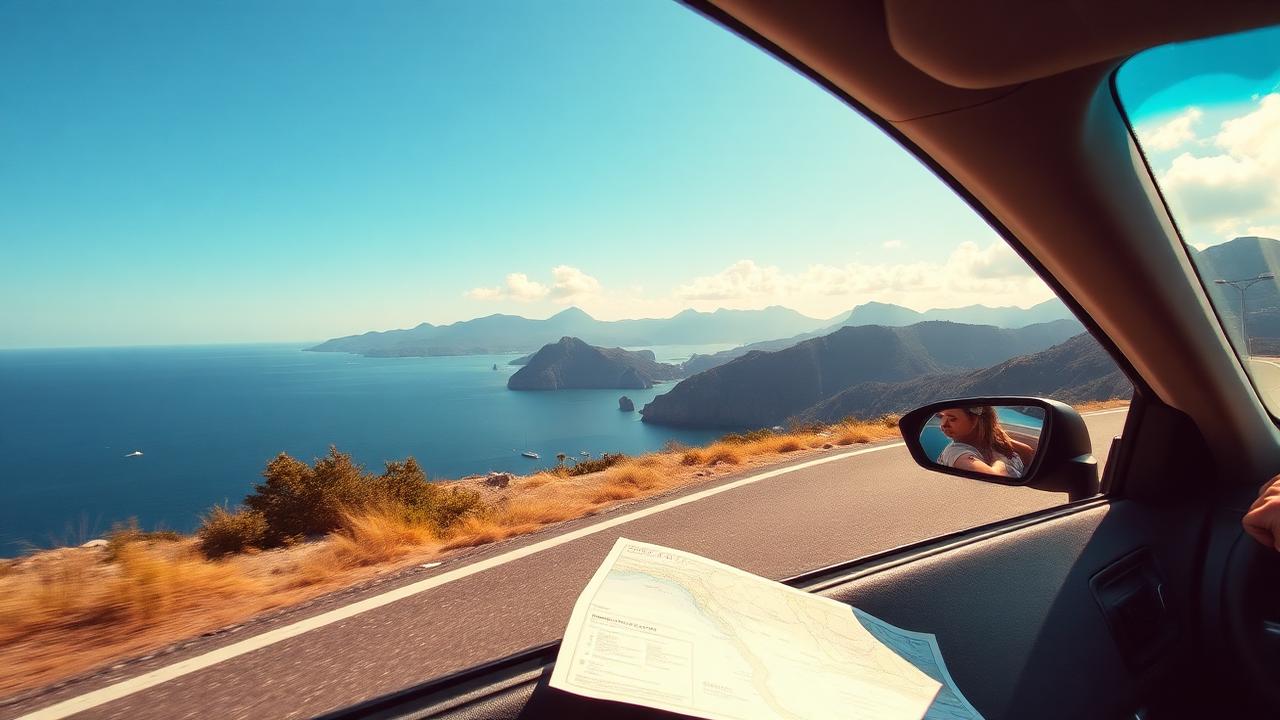 Route côtière panoramique vue depuis l'habitacle d'une voiture de location