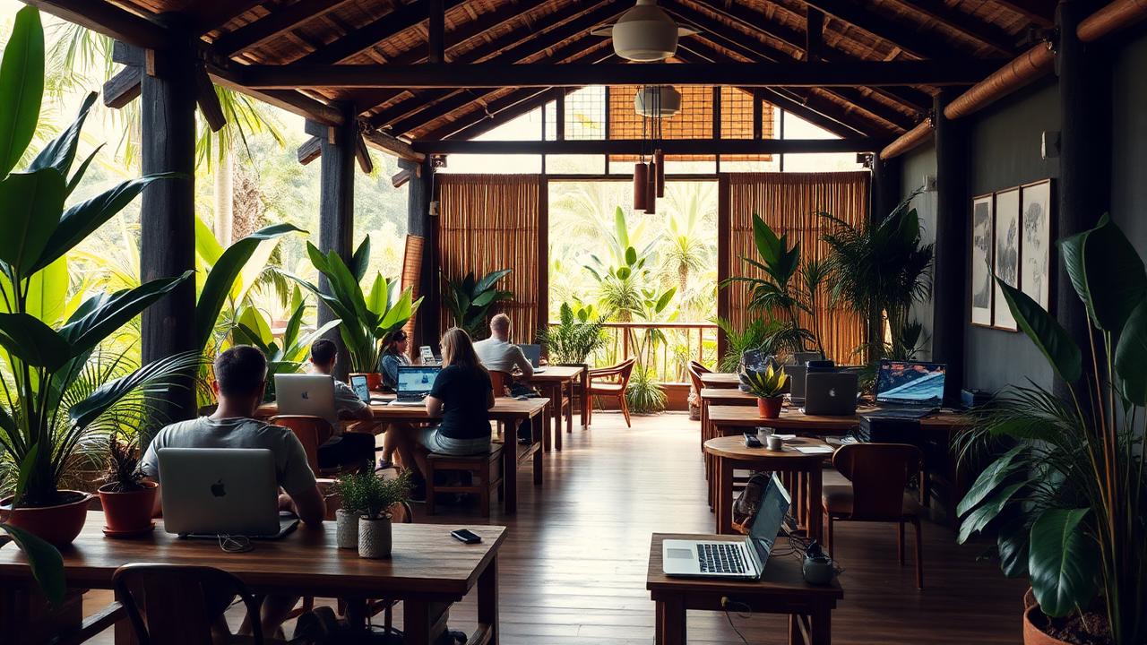 Espace de coworking en plein air à Bali avec des ordinateurs portables et une végétation tropicale