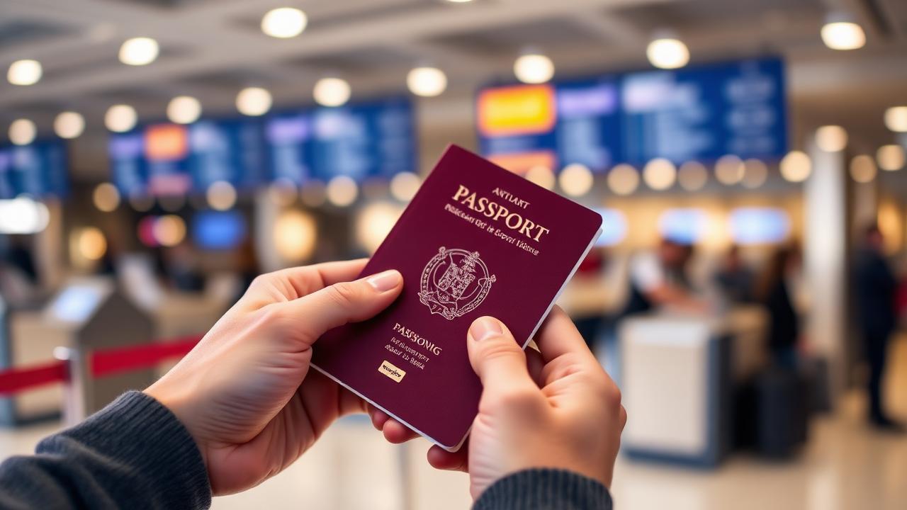 Mains tenant un passeport européen devant un comptoir d'enregistrement d'aéroport