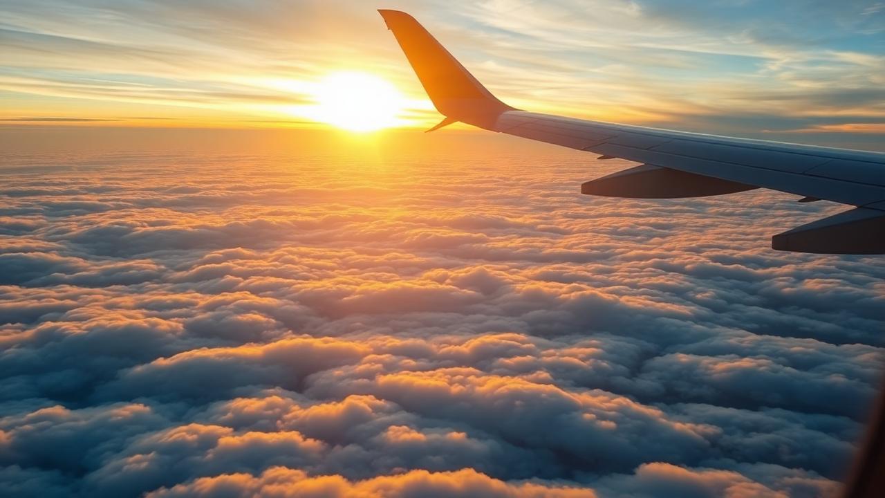 Aile d'avion au-dessus des nuages au coucher du soleil vue depuis un hublot